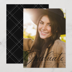 Elegant script graduate black vertical graduation announcement