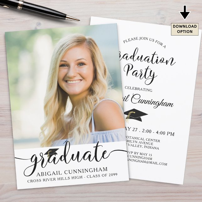 Elegant Script Graduate Cap Photo Black White Invitation (Creator Uploaded)