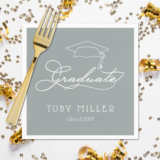Elegant Script Graduate on Silver Grey Graduation Napkin (White script grad cap on silver gray personalized graduation napkins, paper plates in our store)