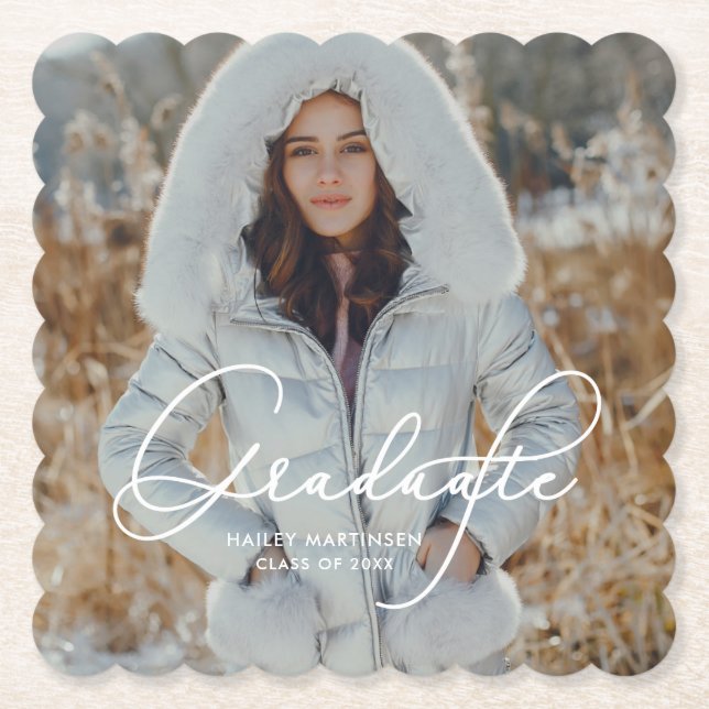 Elegant Script Graduate Photo and Name Paper Coaster (Front)