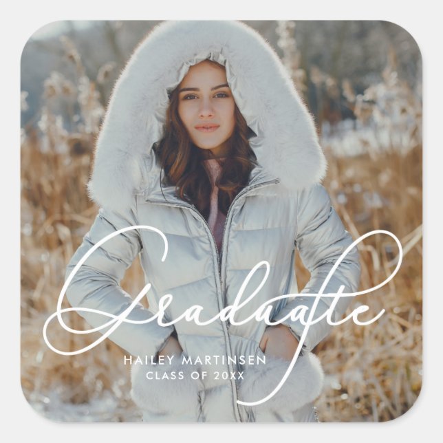 Elegant Script Graduate Photo and Name Square Sticker (Front)