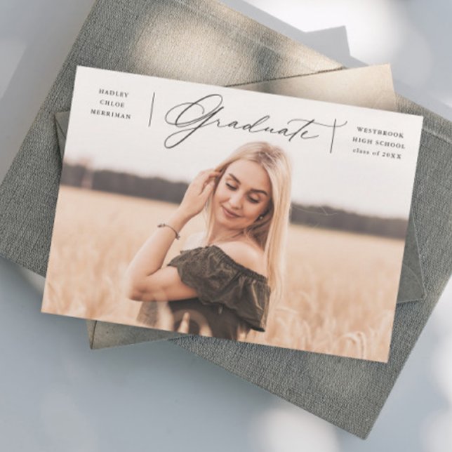 Elegant Script Graduate Photo Graduation Announcement (Elegant script graduate photo graduation announcement invitation.)