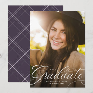 Elegant script graduate plum vertical graduation announcement