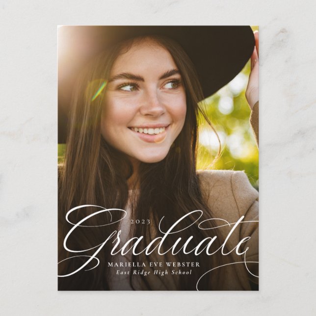 Elegant script graduate vertical graduation invitation postcard (Front)