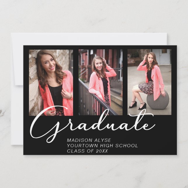 Elegant Script Graduation 3 Photo Black Invitation (Front)