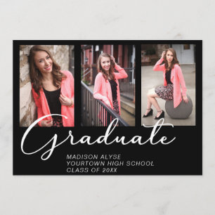 Elegant Script Graduation 3 Photo Black Invitation