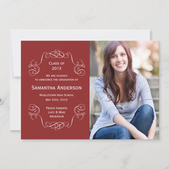Elegant Script Graduation Announcement - Red (Front)