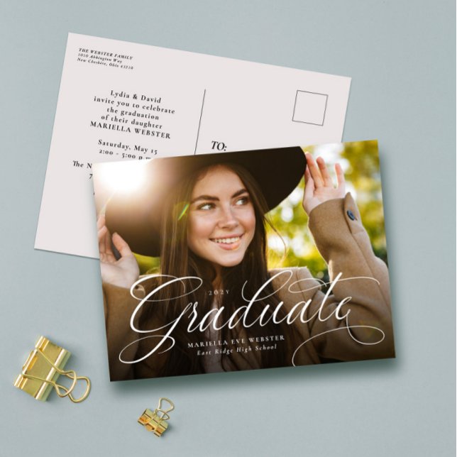 Elegant script graduation invitation postcard (Creator Uploaded)