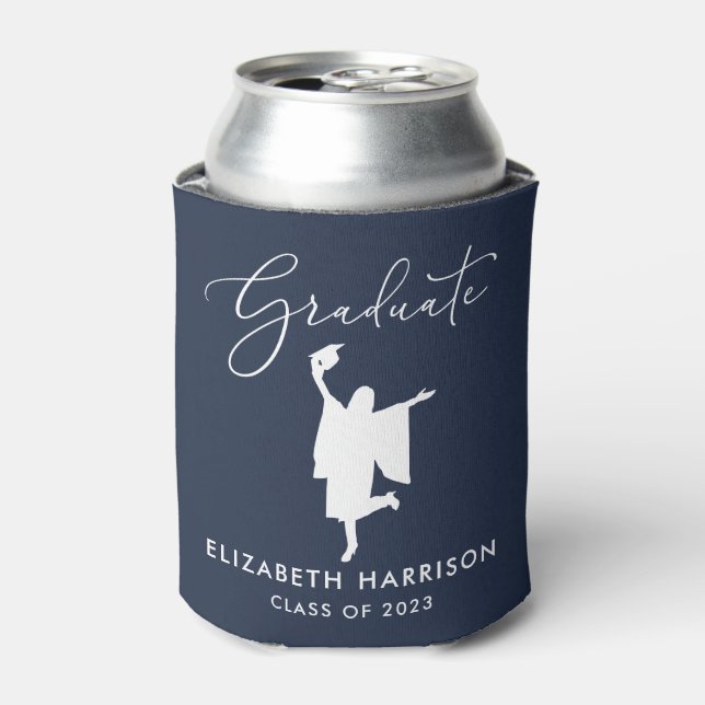 Elegant Script Graduation Party Blue Can Cooler (Can Front)