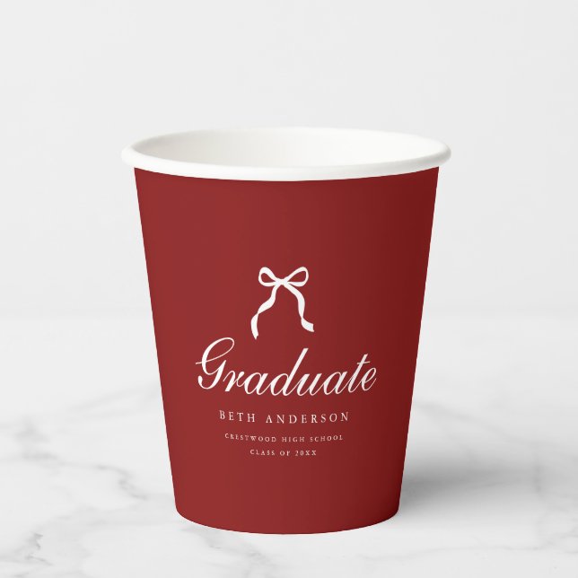 Elegant Script Graduation Party Red Coquette Bow Paper Cups (Front)