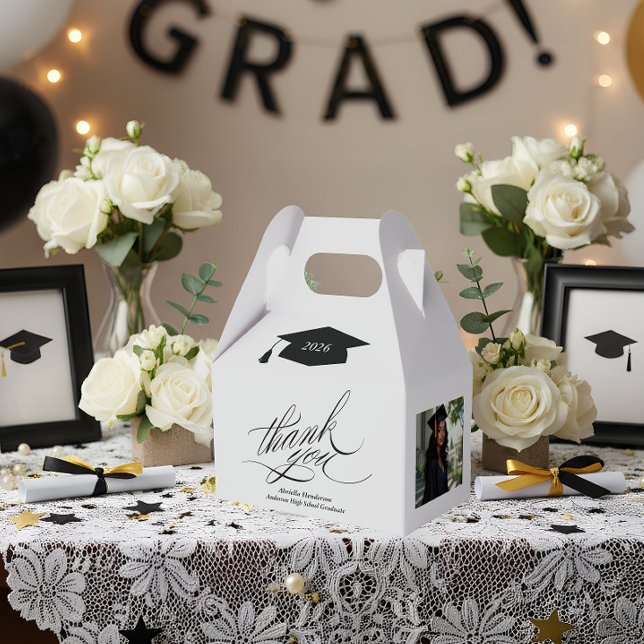 Elegant Script Graduation Thank You Photo Favor Box (Elegant Graduation Favor Box | Graduation Gable Favor Box)