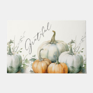 Elegant Script Grateful Autumn Rustic Pumpkin Doormat