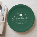 Elegant Script Green Cheers to the Graduate Paper Plate<br><div class="desc">Elegant graduation paper plates featuring a graduation cap with the phrase "Cheers to the Graduate" in a white calligraphy script on a green background. Personalize the modern graduation paper plates with the graduate's name, school name, and graduation year. The simple graduation plates are perfect to use for your high school...</div>