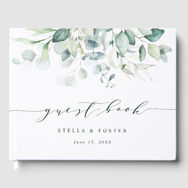 Elegant Script Green Foliage Wedding Guest Book (Front)