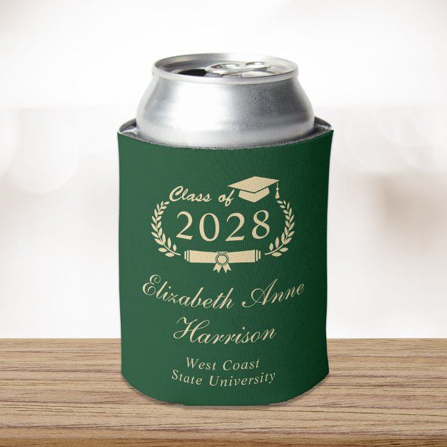 Elegant Script Green Gold Graduation Party Can Cooler (Creator Uploaded)