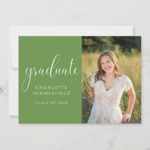 Elegant Script Green Graduation Photo Invitation