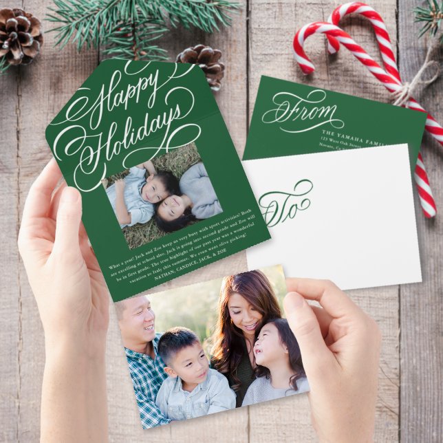 Élégant Script Green Happy Holiday Carte photo (Créateur téléchargé)