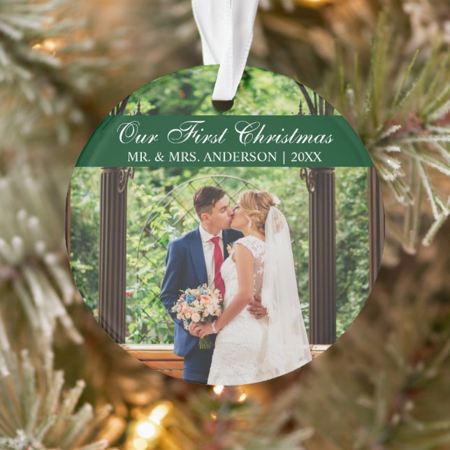Elegant Script Green Our First Christmas Ornament (Tree)