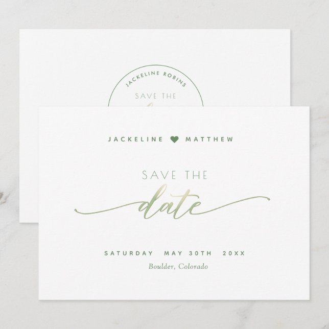 Elegant Script, Green, Simple Wedding Save The Date (Front/Back)