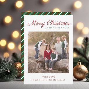 Elegant Script Green Stripes Christmas Photo Holiday Card