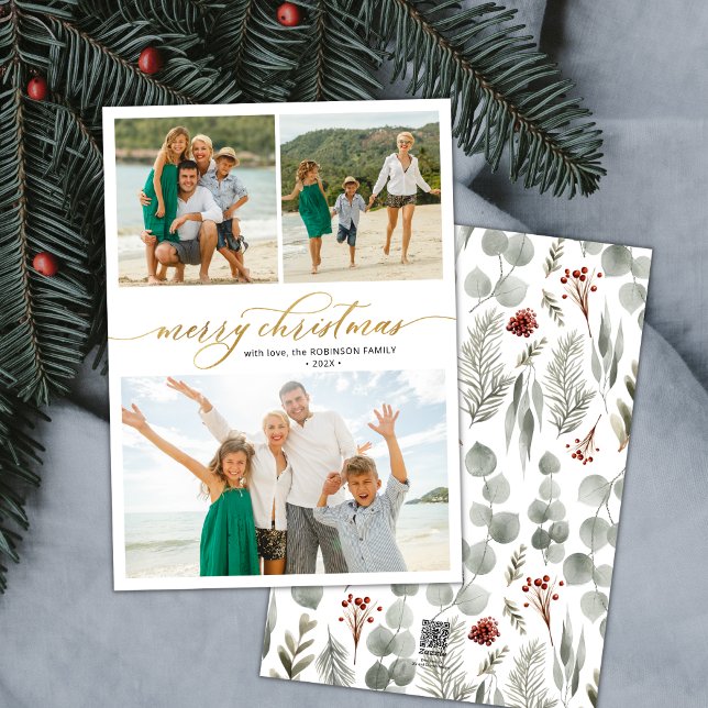 Elegant Script Greenery 3 Multi Photo Christmas  Holiday Card (Creator Uploaded)