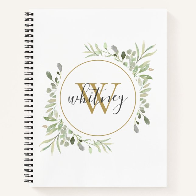 Elegant Script Greenery Chic Gold Monogram Notebook (Front)