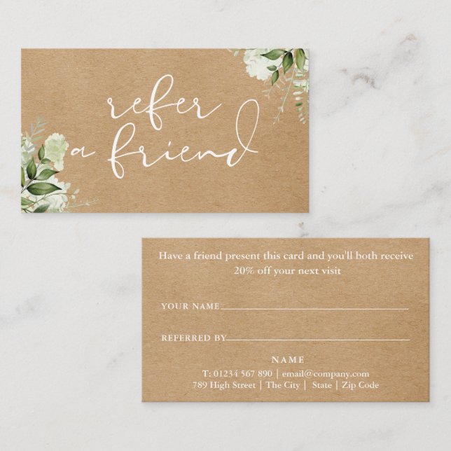 Elegant Script Greenery Floral Rustic Kraft Referral Card (Front/Back)