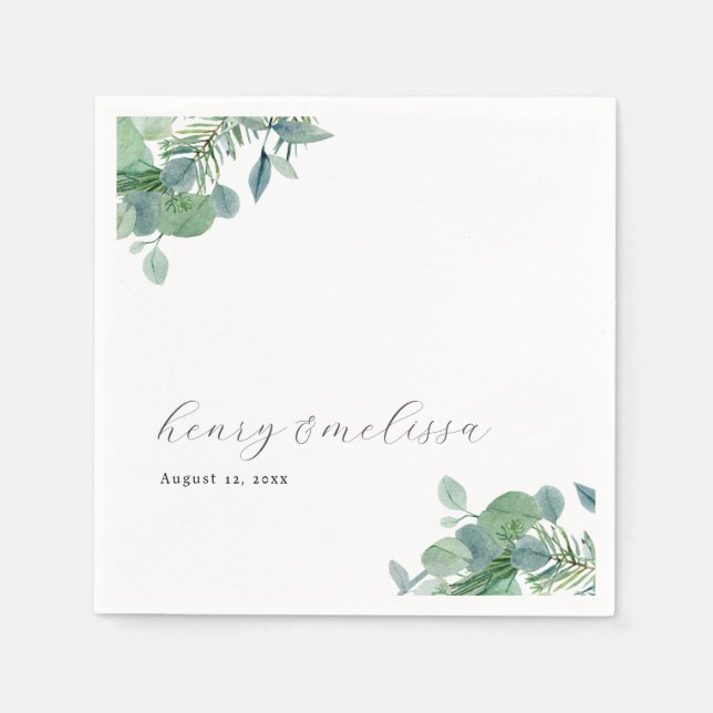 Elegant Script Greenery Leaves Eucalyptus Wedding Napkin (Front)
