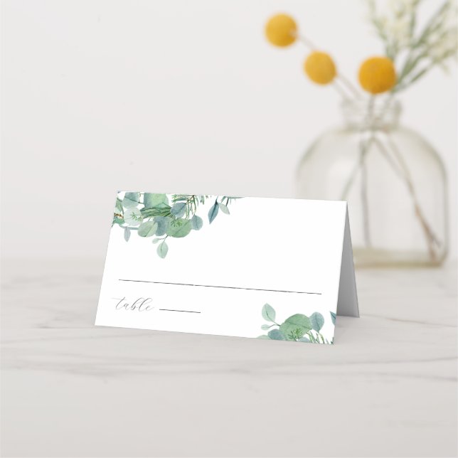Elegant Script Greenery Leaves Eucalyptus Wedding Place Card (Front)