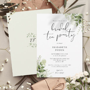 Elegant Script Greenery Monogram Bridal Tea Party Invitation