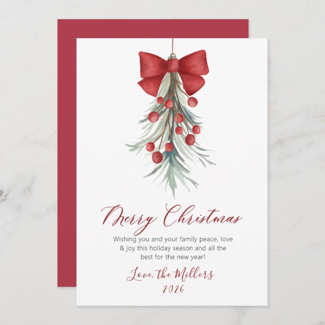Elegant Script Greenery Red Berries Christmas  Holiday Card (Front/Back)