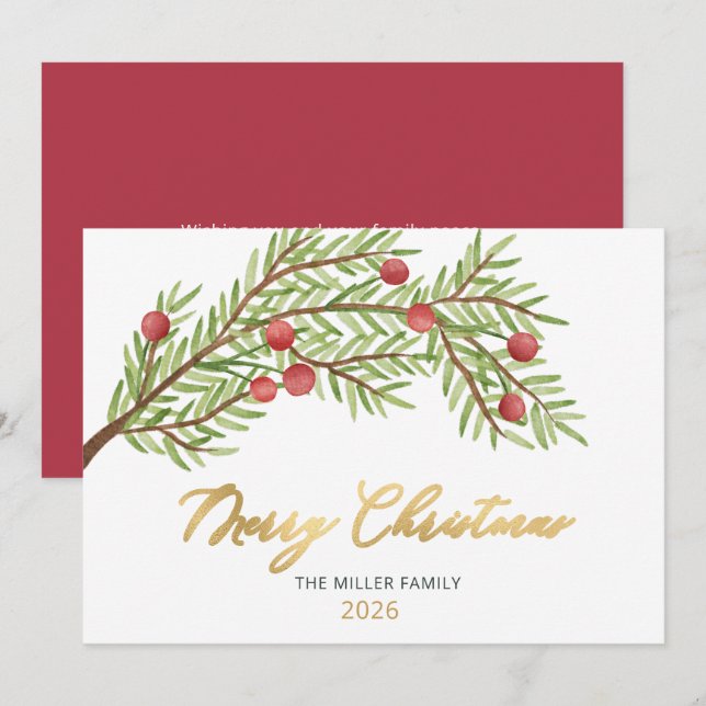 Elegant Script Greenery Red Berries Christmas  Holiday Card (Front/Back)