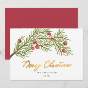 Elegant Script Greenery Red Berries Christmas Holiday Card