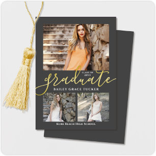Elegant Script Grey 3-Photo Collage Graduation Announcement