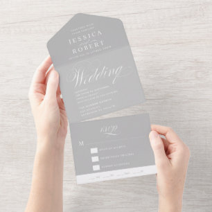 Elegant Script Grey and White Calligraphy Wedding All In One Invitation
