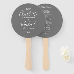 Elegant Script Grey And White Wedding Program Hand Fan