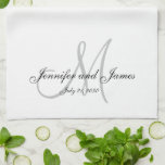 Elegant Script Grey Monogram Newlywed Wedding Kitchen Towel<br><div class="desc">Personalized elegant grey monogram design with bride and groom names and wedding date in black script a white background. Use "customize" menu to change the colours. Makes a great gift for newly weds. Customize with your names,  monogram initial and wedding date. Elke Clarke©</div>