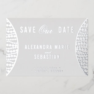 Elegant Script Grey Pearls Save the Date Silver