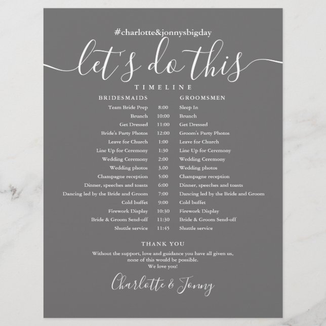 Elegant Script Grey Wedding Schedule Timeline (Front)
