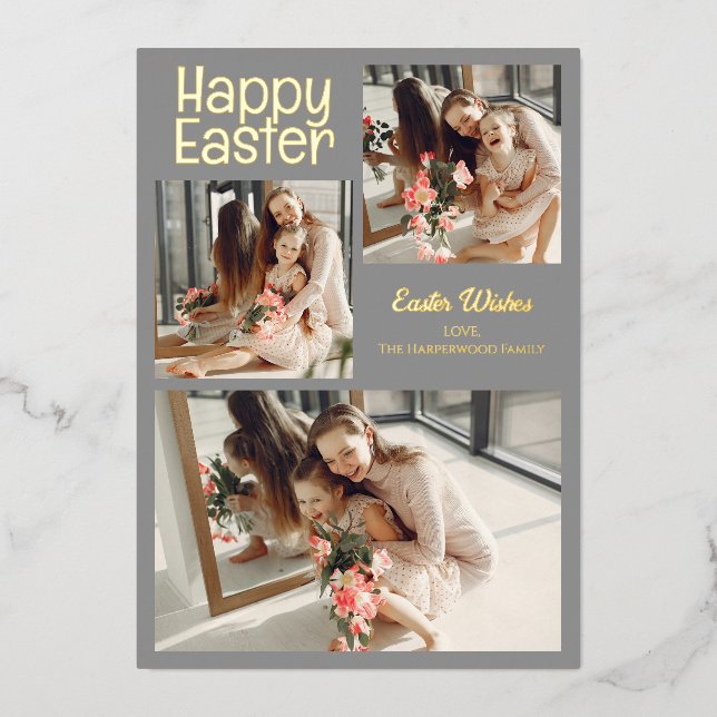 Elegant Script Happy Easter Family Photo Collage Foil Holiday Card (Front)