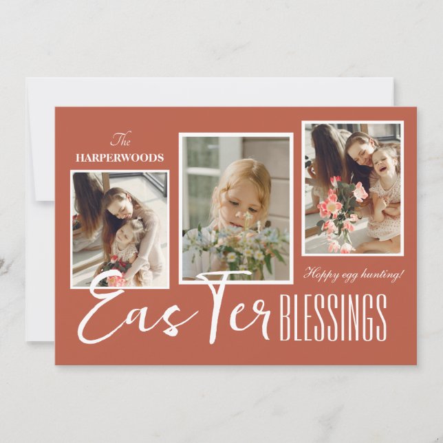 Elegant Script Happy Easter Family Three Photo Holiday Card (Front)