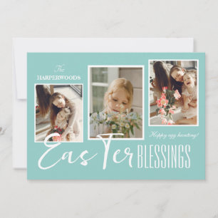 Elegant Script Happy Easter Family Three Photo Holiday Card