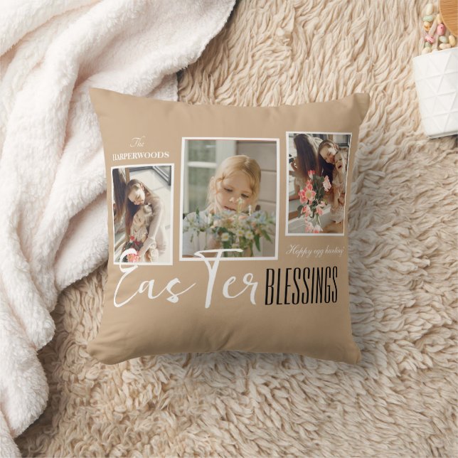 Elegant Script Happy Easter Family Three Photo Throw Pillow (Blanket)