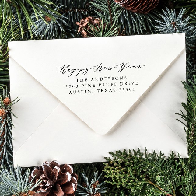 Elegant Script Happy New Year Return Address Rubber Stamp (Creator Uploaded)