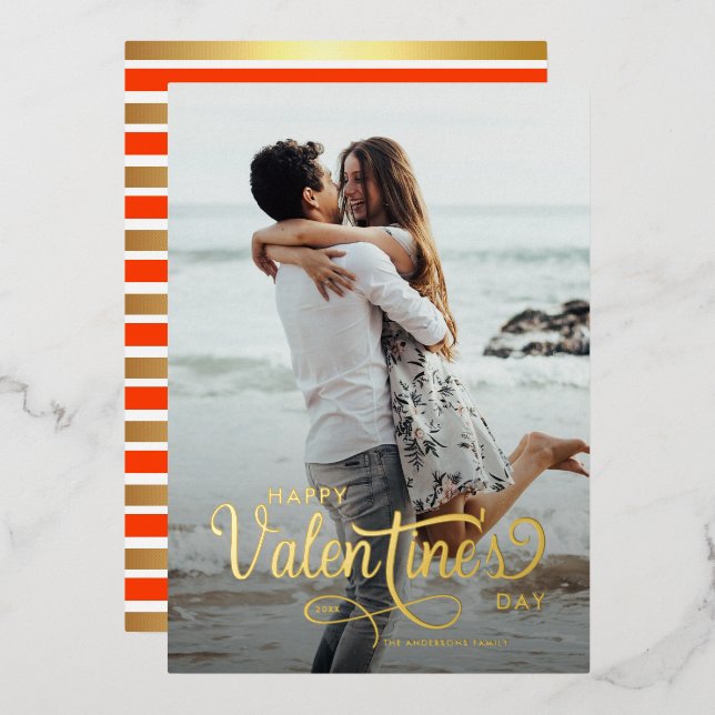 Elegant Script  Happy Valentine's Day Photo Hearts Foil Holiday Card (Front/Back)