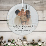 Elegant Script Heart Family Photo Merry Christmas Glass Ornament<br><div class="desc">Elegant Hand Lettered "Merry Christmas" Script Family Photo Ornament. Features your favourite family photo, "Merry Christmas" calligraphy text in handwritten script, little heart motif, family name and year in black font colour on white gradient photo overlay. Easy to personalize it. Photo tip: crop your photo to square form before upload...</div>