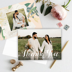 Elegant Script Heart Floral Backing Photo Thank You Card