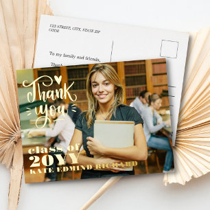 Elegant Script Heart Photo Graduation Thank You Foil Holiday Postcard
