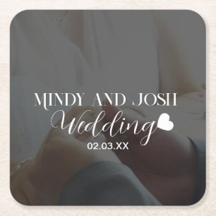 Elegant Script Heart Photo  Square Paper Coaster