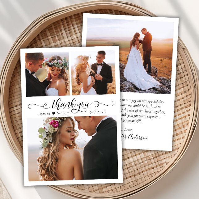 Elegant Script Heart Photo Wedding Thank You Card (Creator Uploaded)